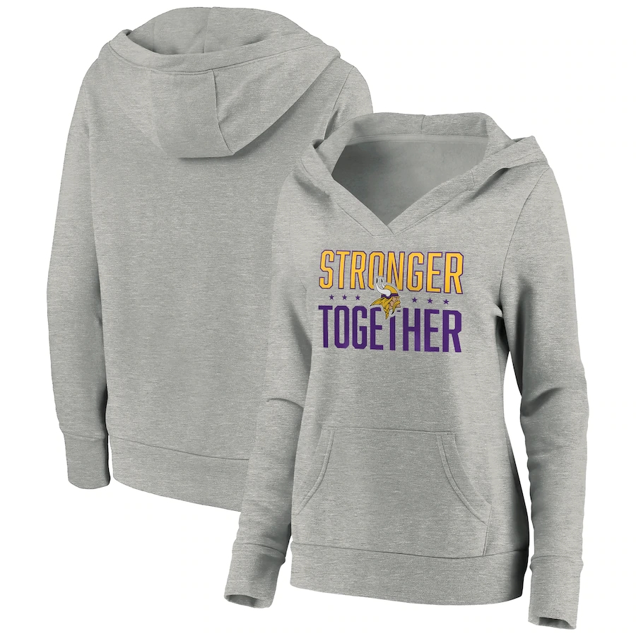 Women's Minnesota Vikings Heather Gray Stronger Together Crossover Neck Pullover Hoodie(Run Small)